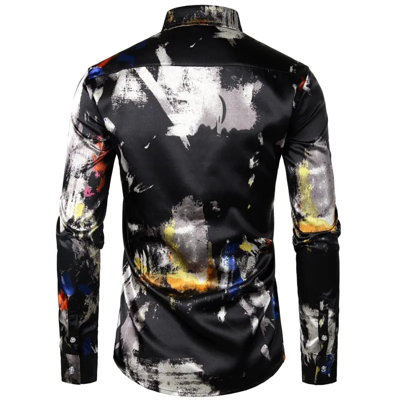 Men's Smooth Polyester Feather Print Long Sleeve Button Down Casual Shirt