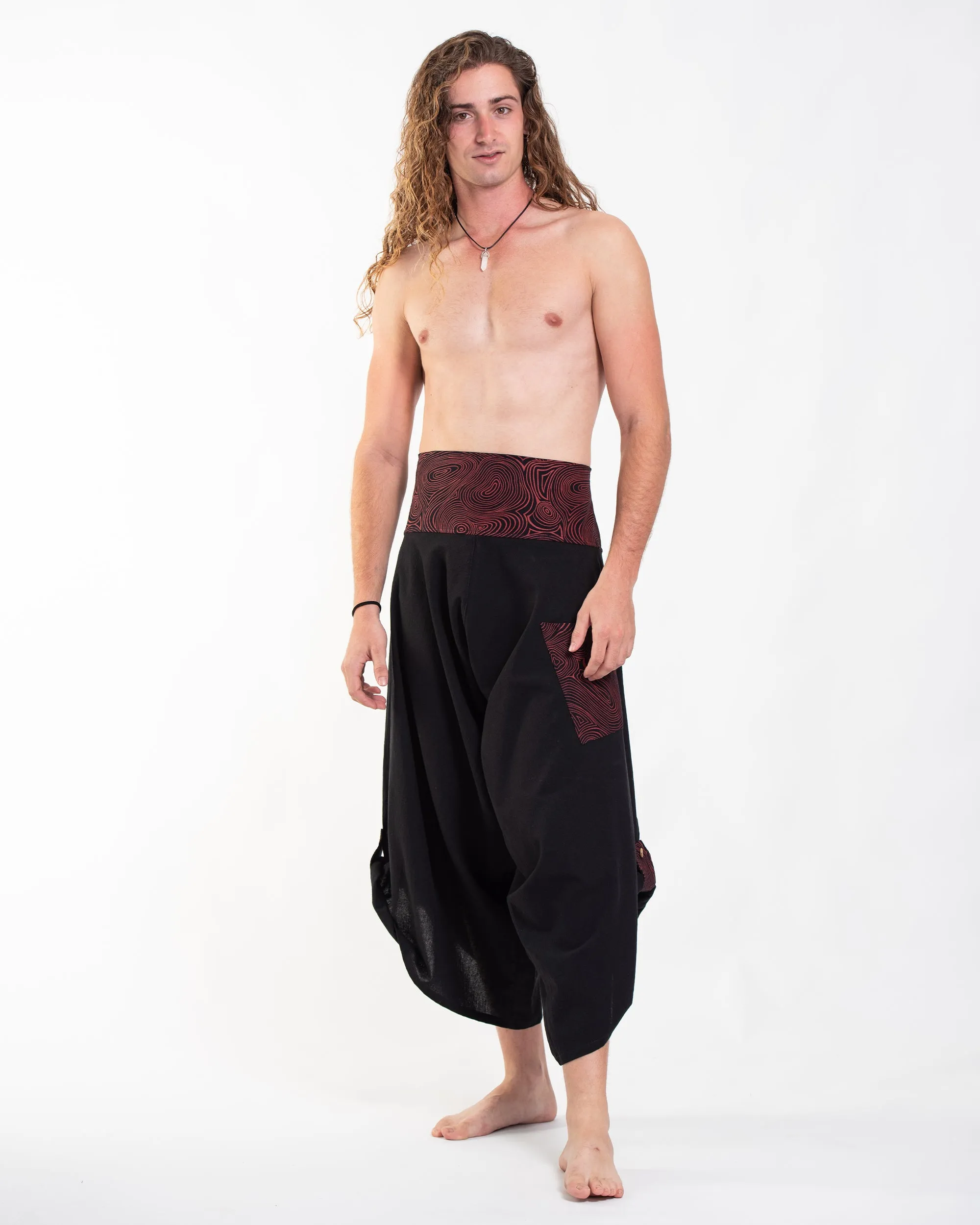 Men's Thai Button Up Cotton Pants with Hill Tribe Trim Black