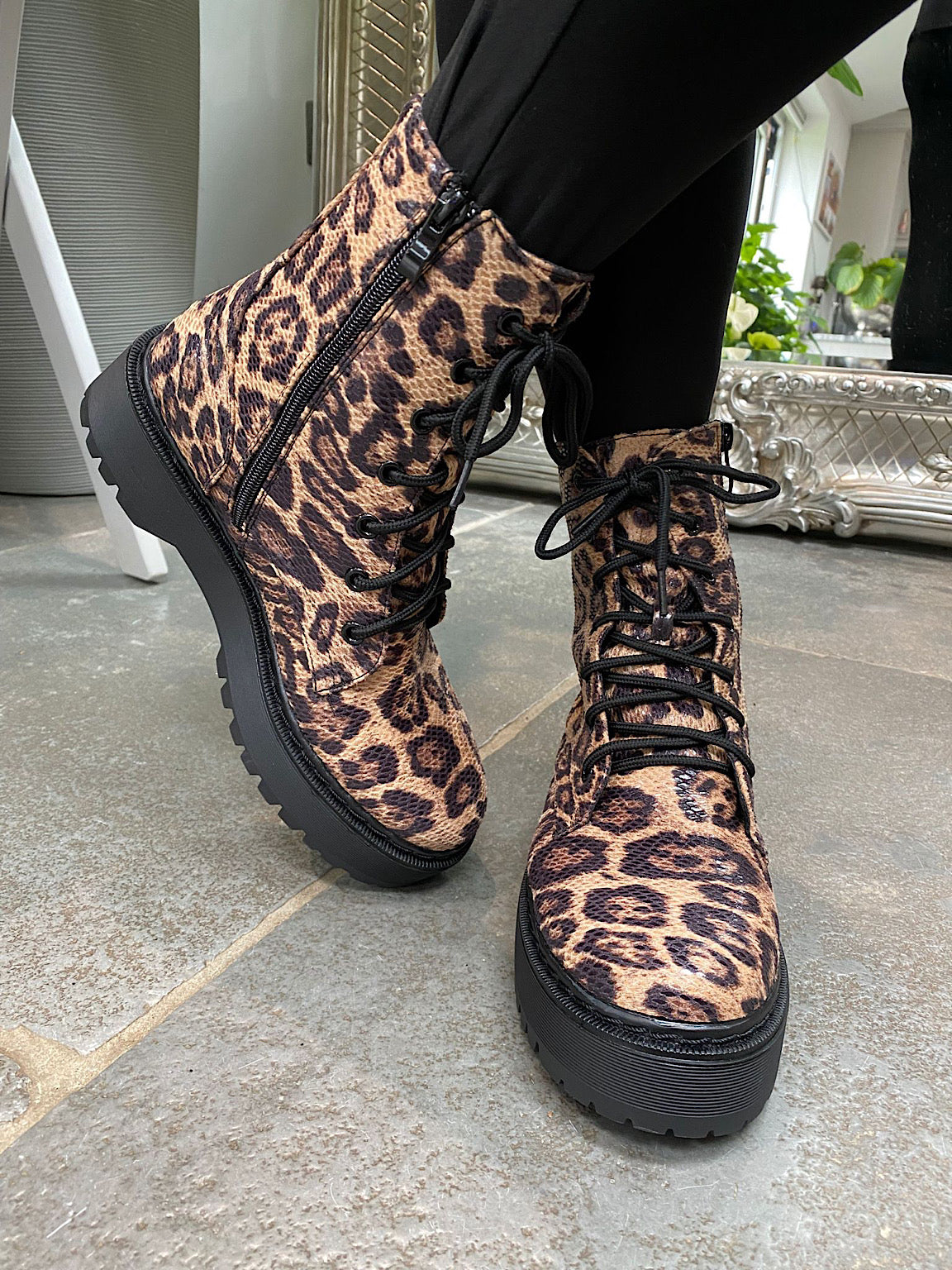 Natural Leopard Combat Boots