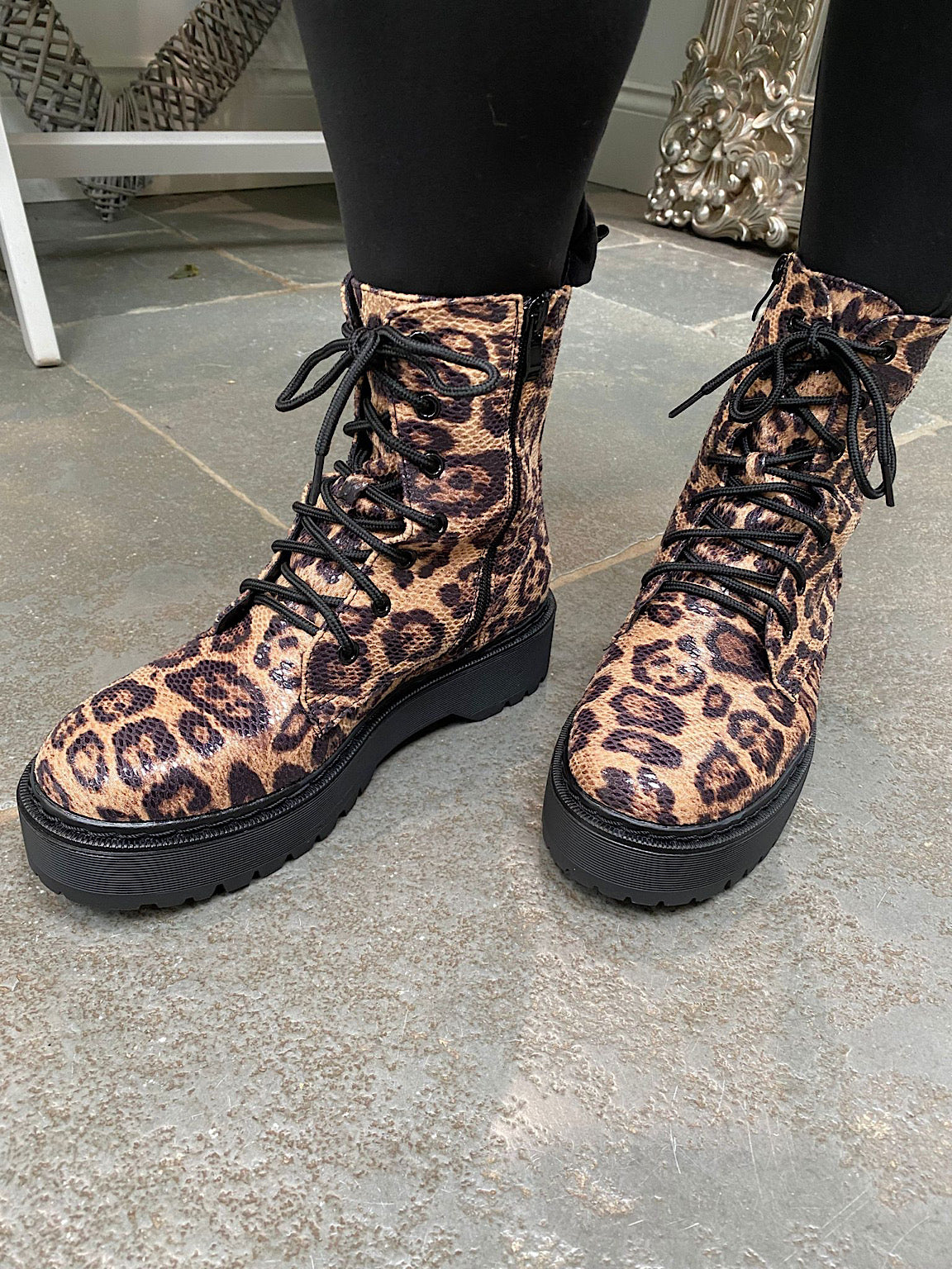 Natural Leopard Combat Boots