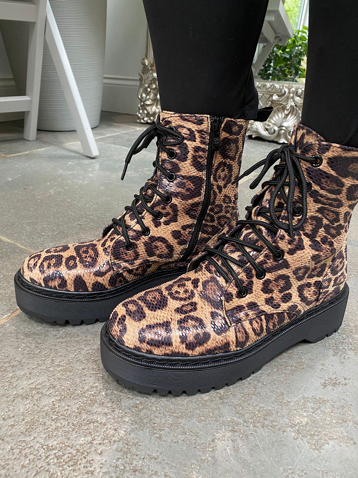 Natural Leopard Combat Boots