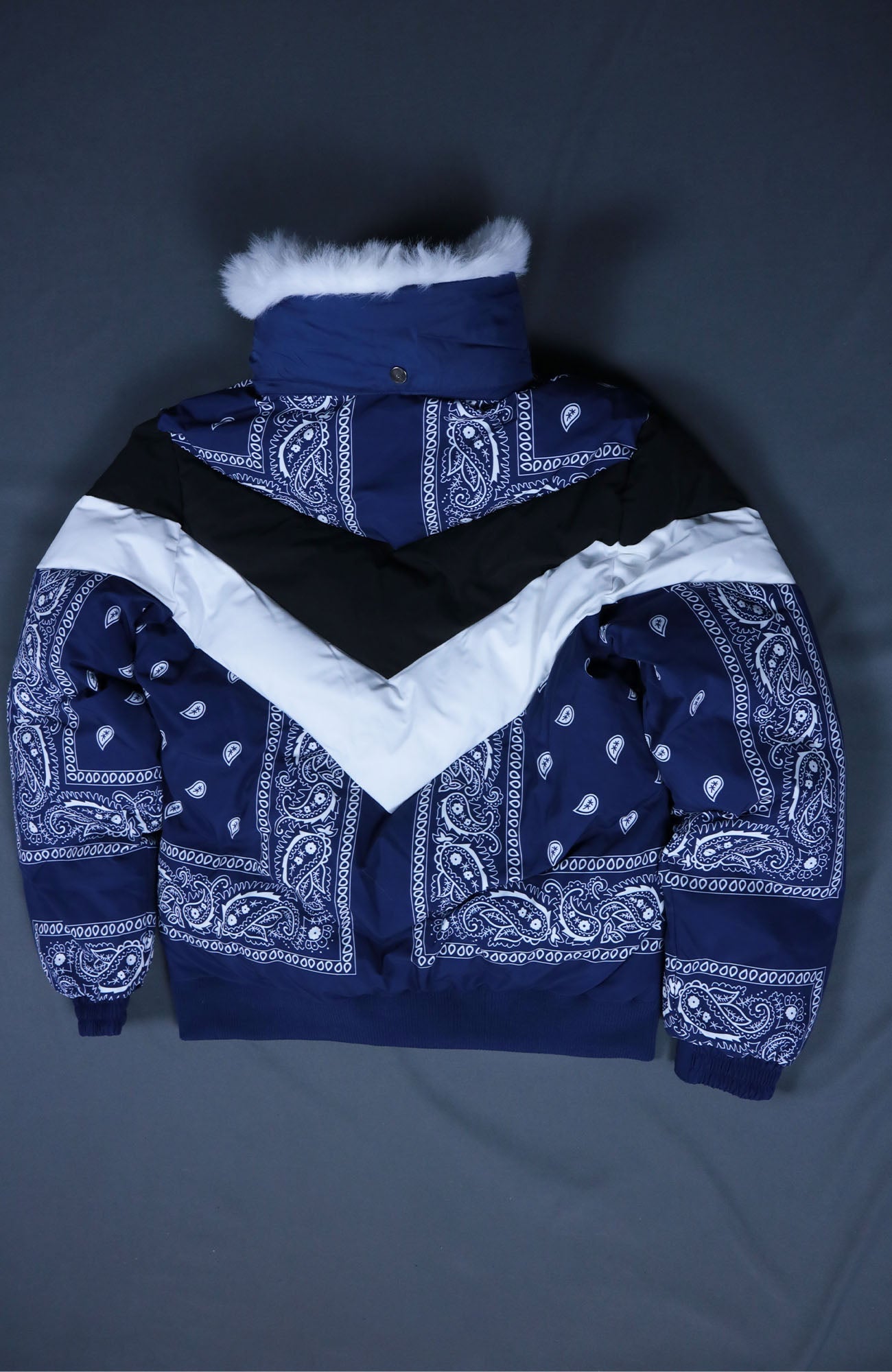 Navy Bandanna Print Jacket | Classic Paisley Pattern Winter Jacket | Faux Vegan Fur Hood