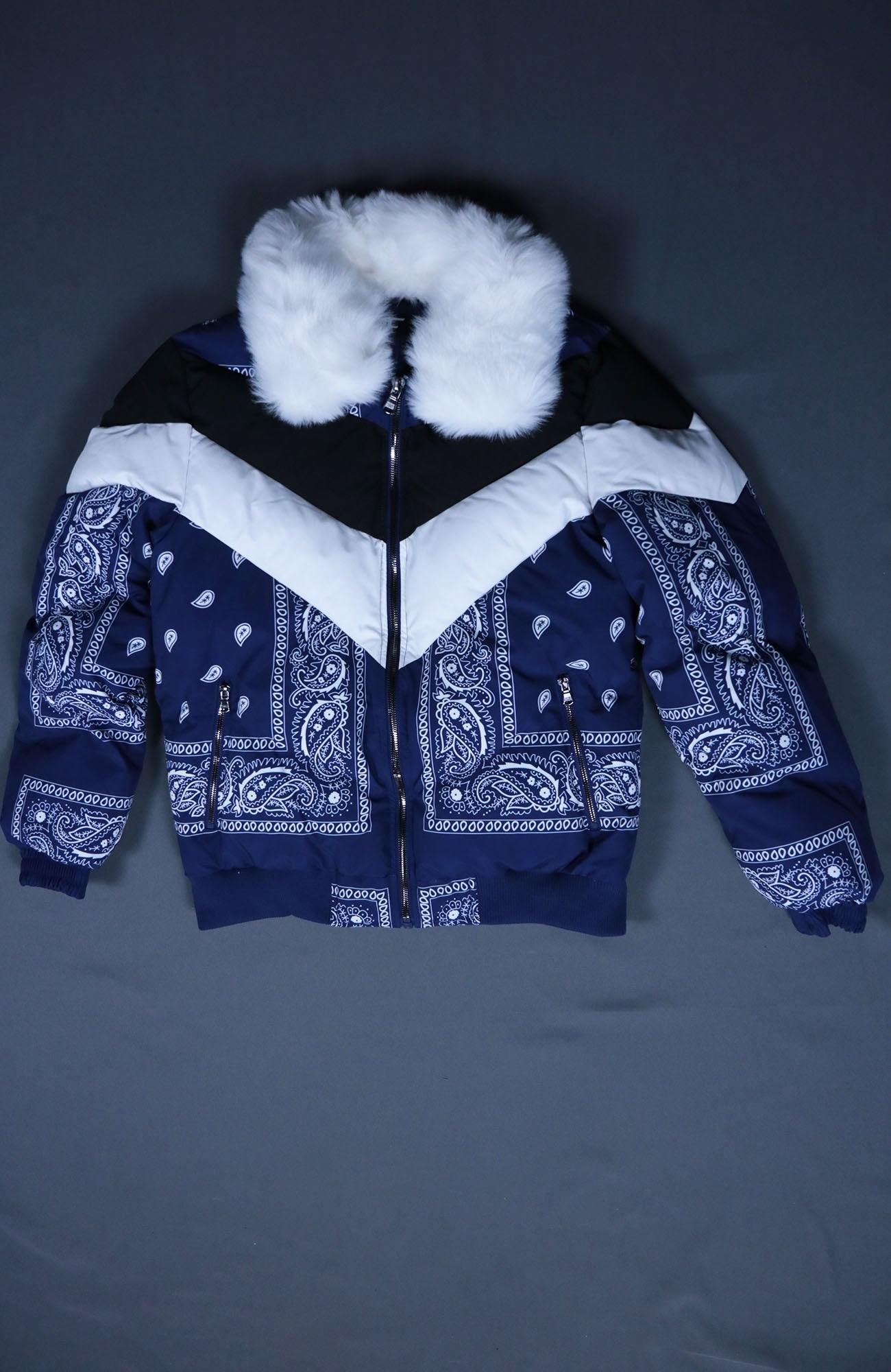 Navy Bandanna Print Jacket | Classic Paisley Pattern Winter Jacket | Faux Vegan Fur Hood