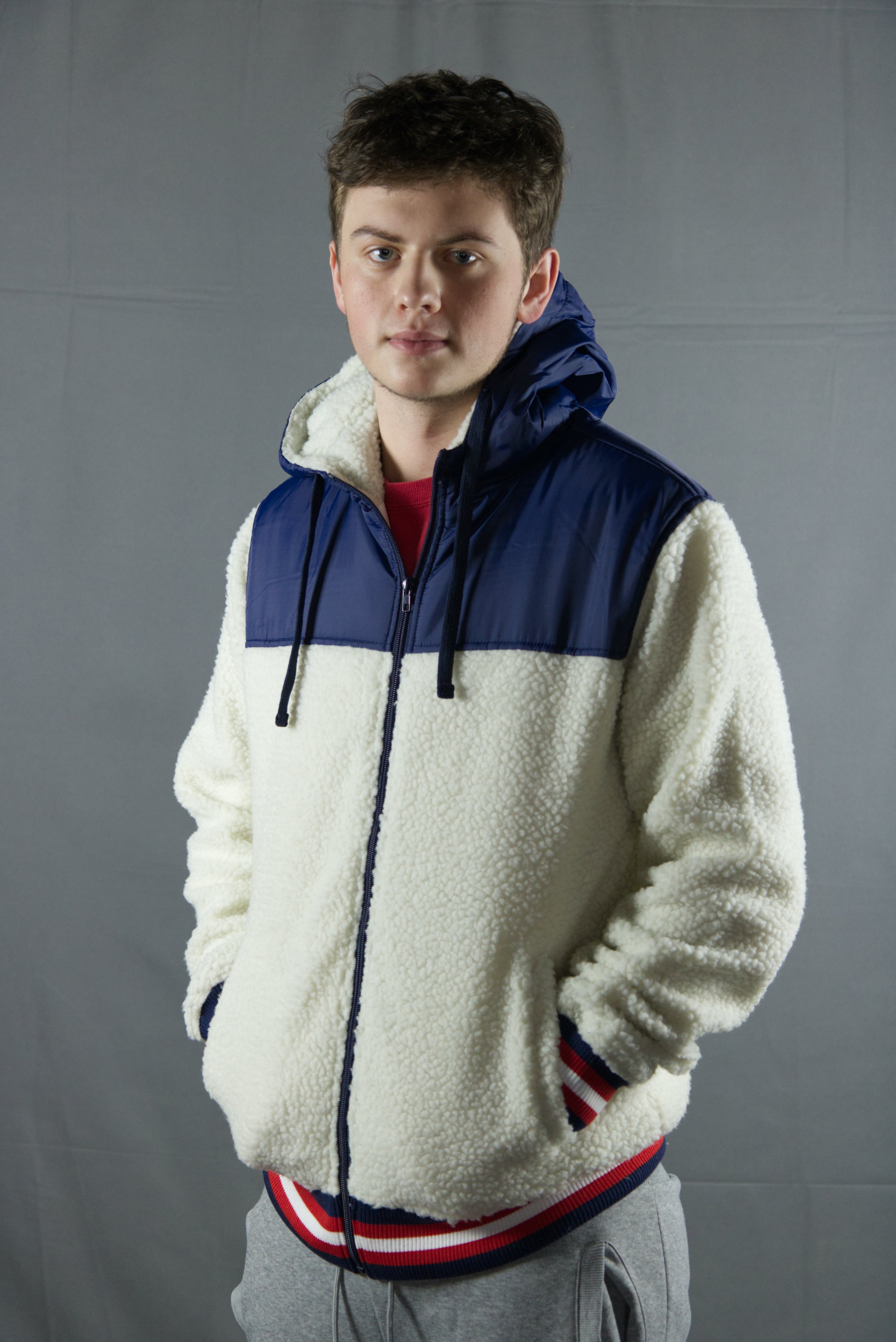 Nylon Sherpa Cream / Navy Zip Up Hoodie | Cream Zipper Sherpa Hoodie