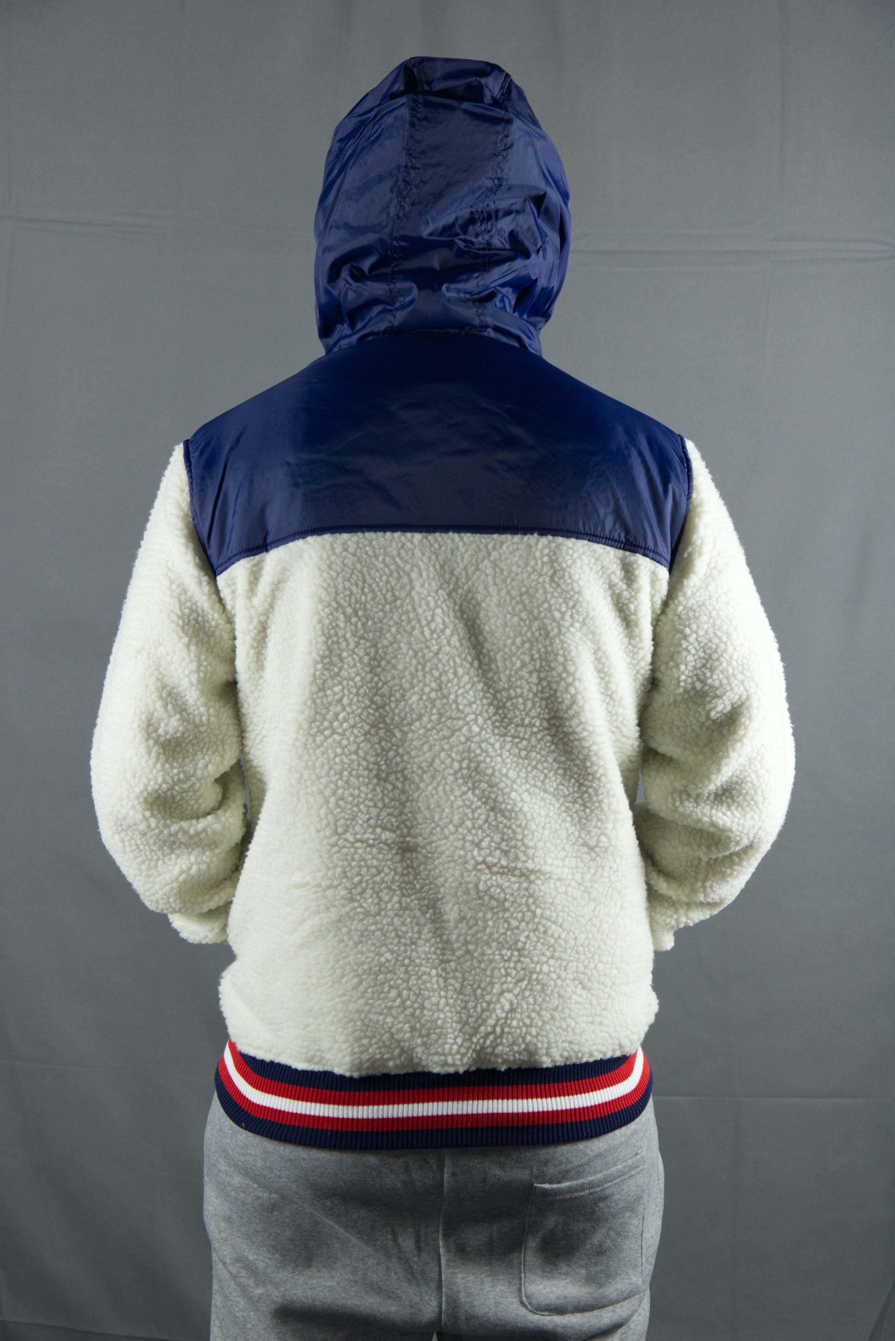 Nylon Sherpa Cream / Navy Zip Up Hoodie | Cream Zipper Sherpa Hoodie