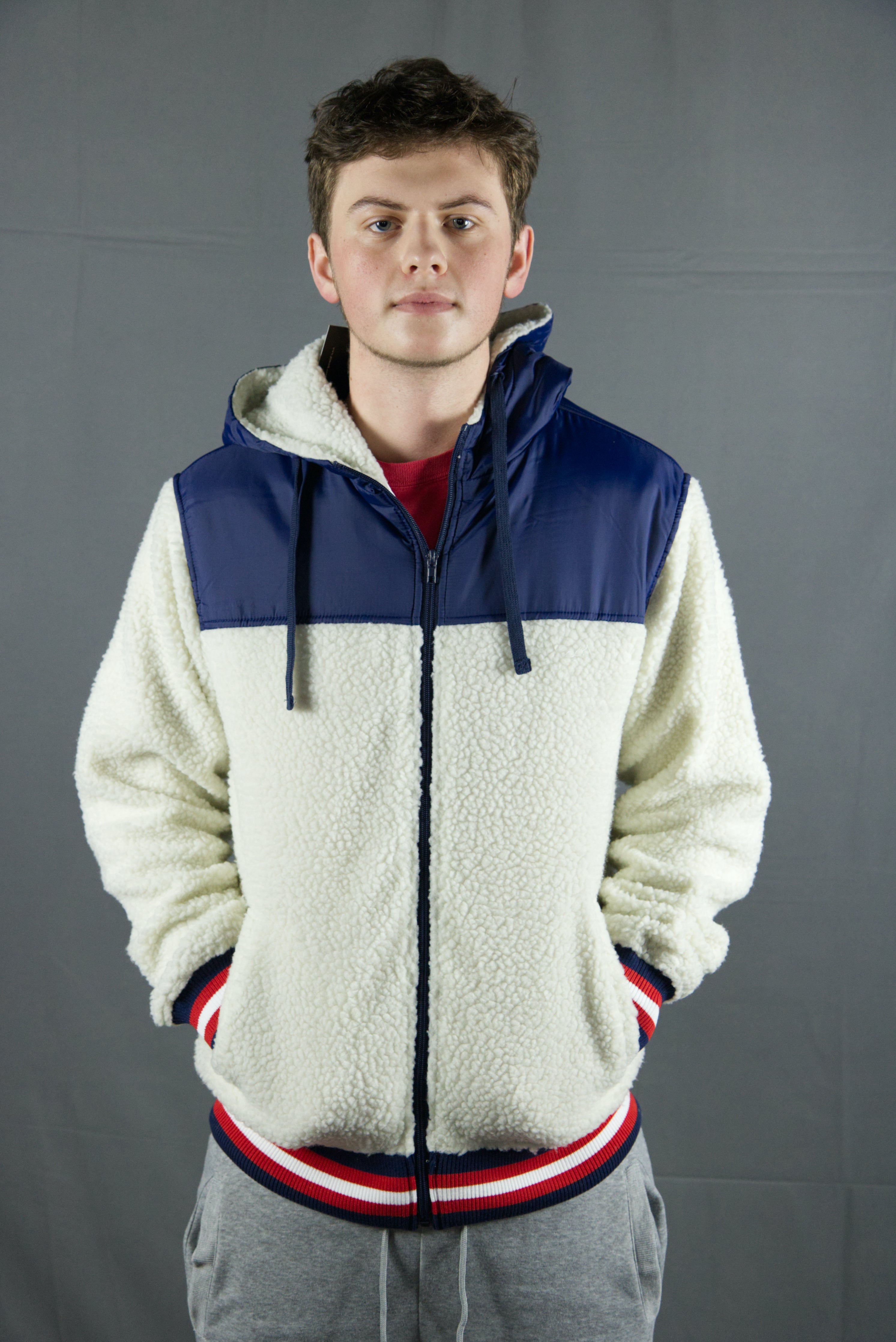 Nylon Sherpa Cream / Navy Zip Up Hoodie | Cream Zipper Sherpa Hoodie