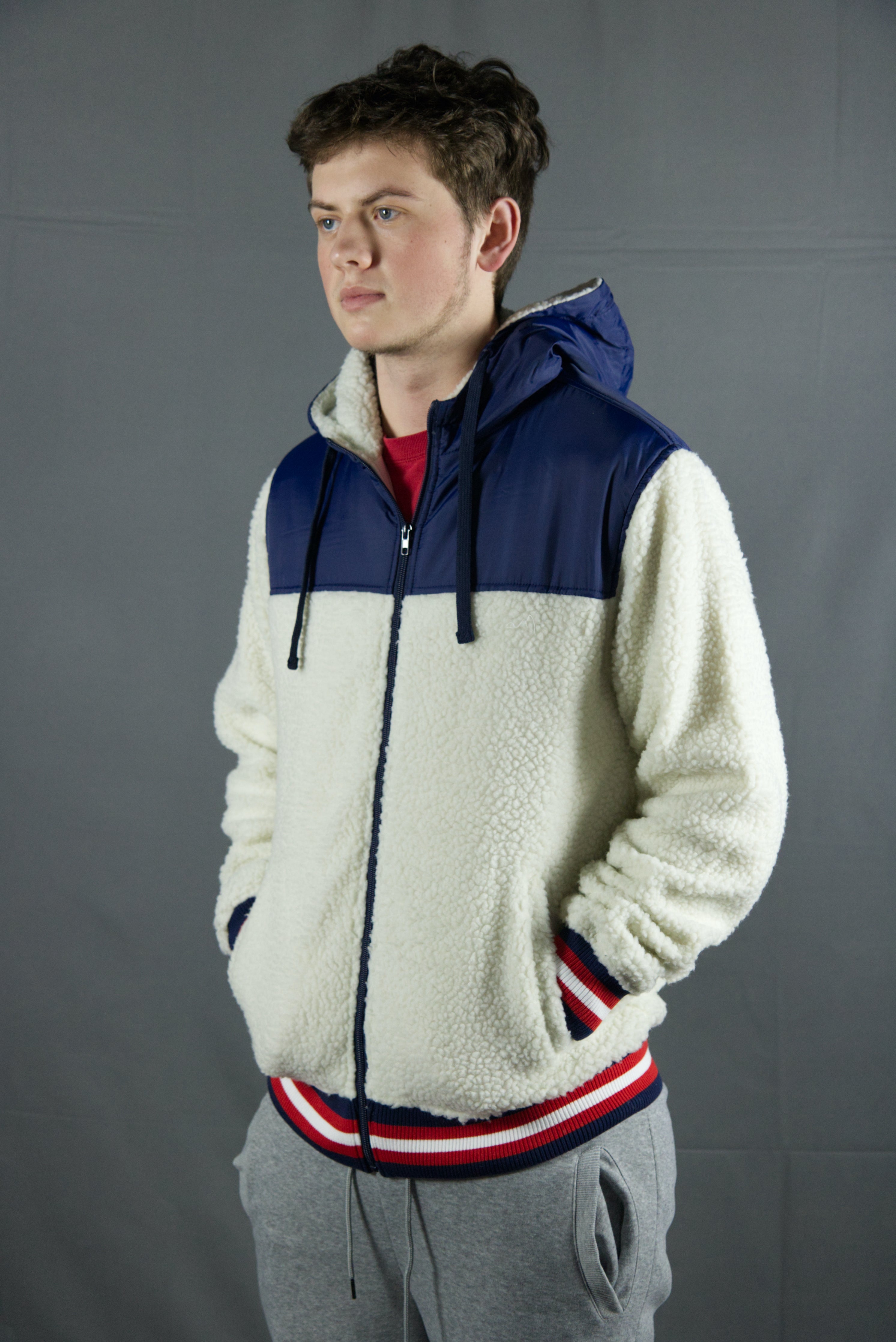 Nylon Sherpa Cream / Navy Zip Up Hoodie | Cream Zipper Sherpa Hoodie