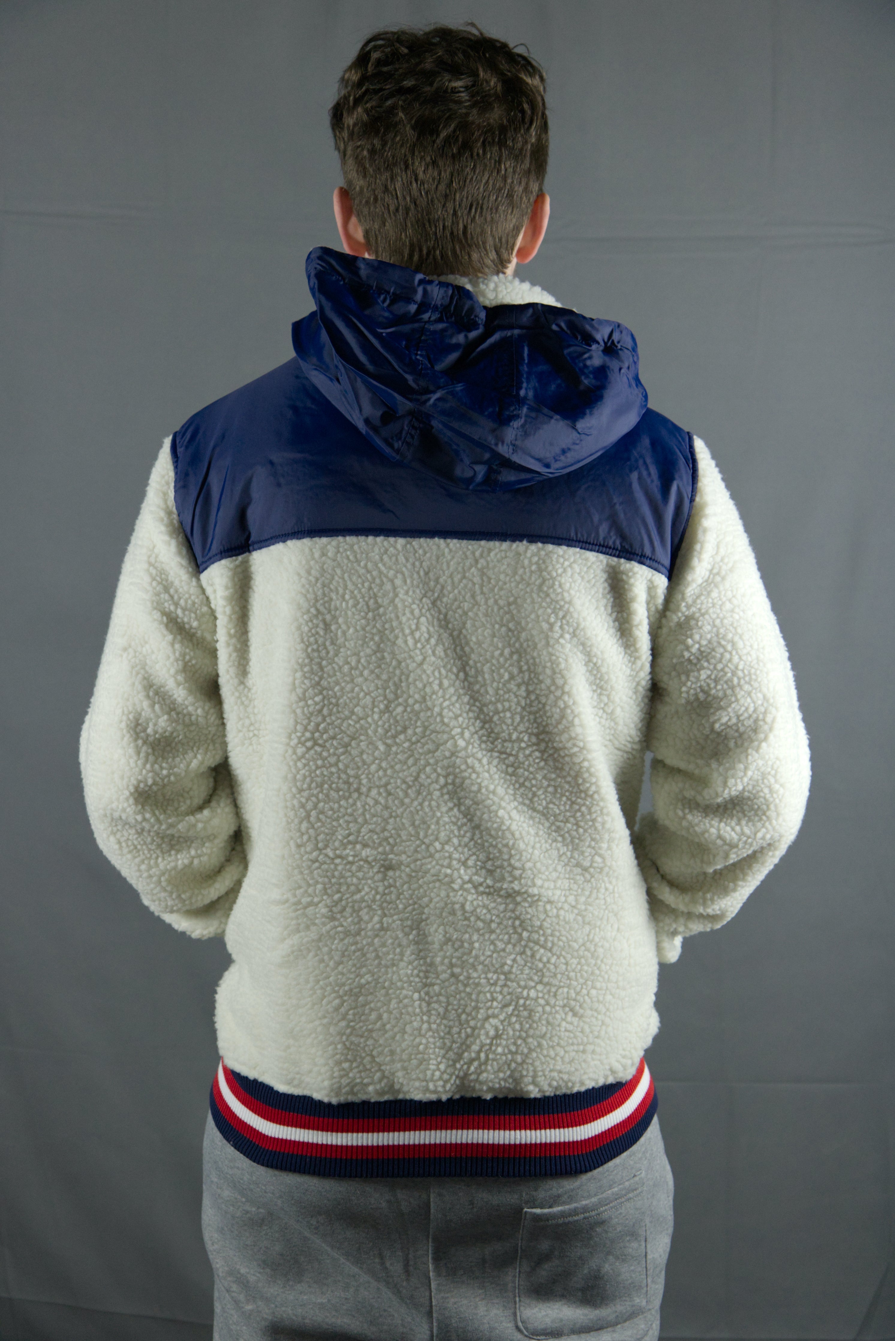 Nylon Sherpa Cream / Navy Zip Up Hoodie | Cream Zipper Sherpa Hoodie