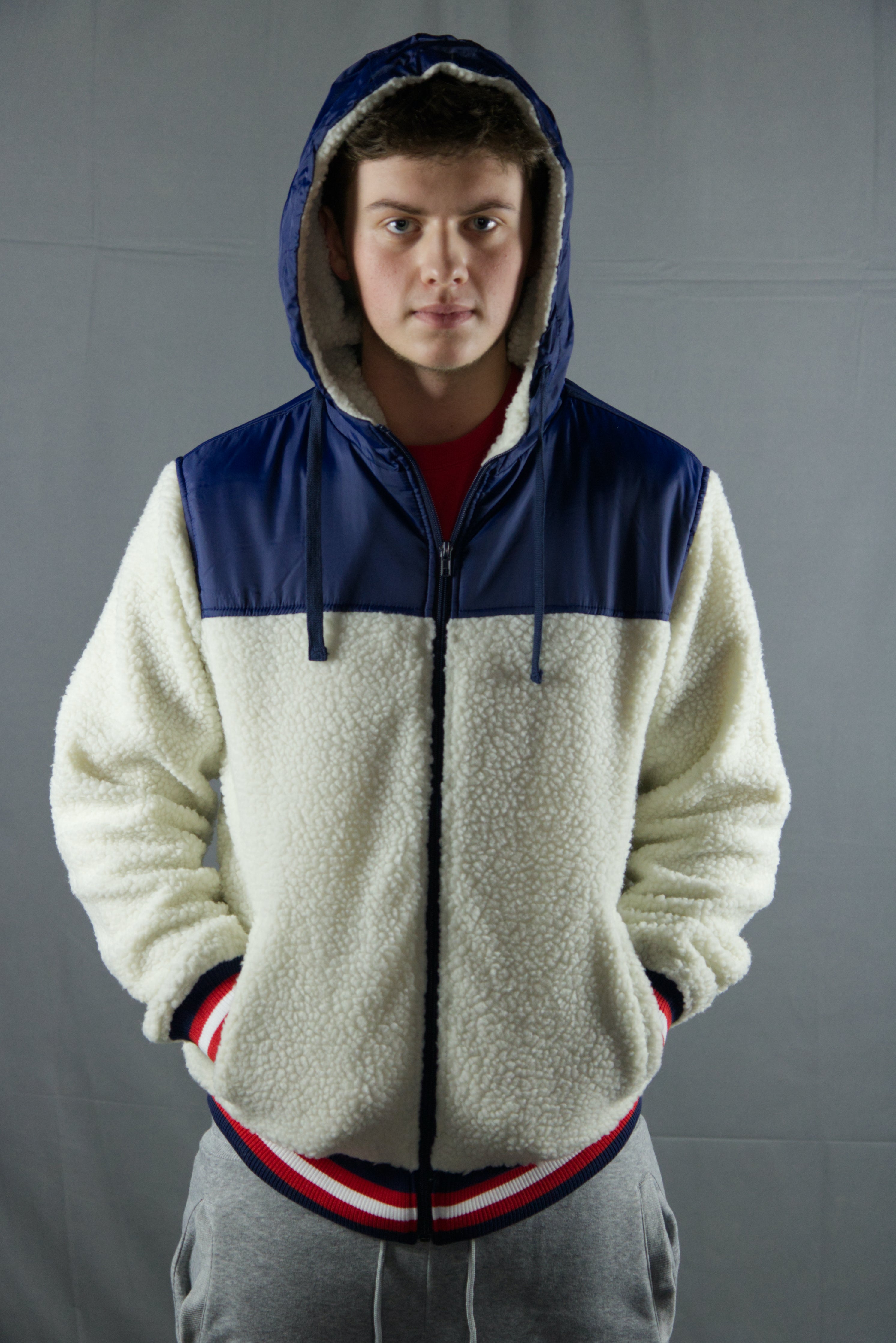 Nylon Sherpa Cream / Navy Zip Up Hoodie | Cream Zipper Sherpa Hoodie