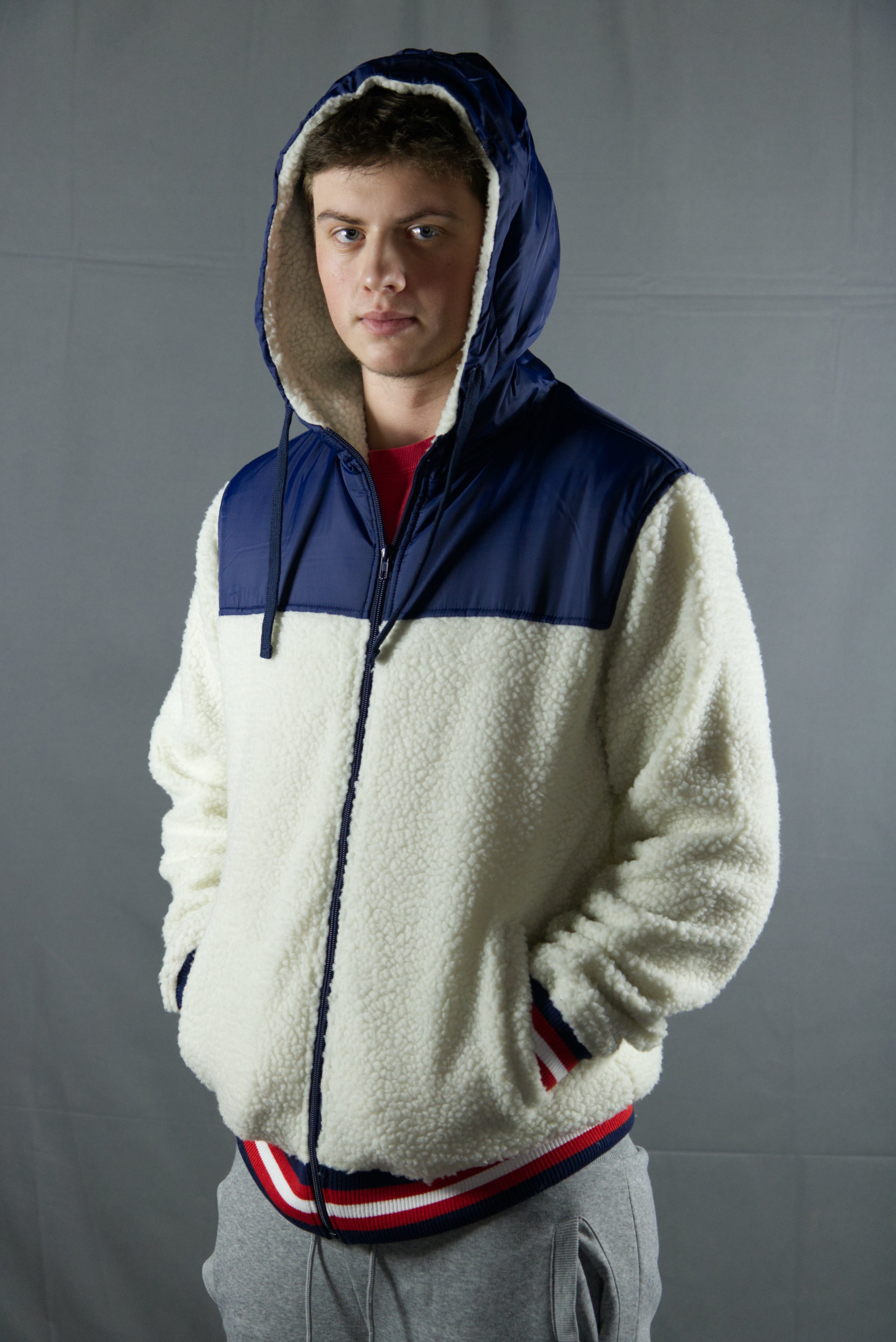 Nylon Sherpa Cream / Navy Zip Up Hoodie | Cream Zipper Sherpa Hoodie