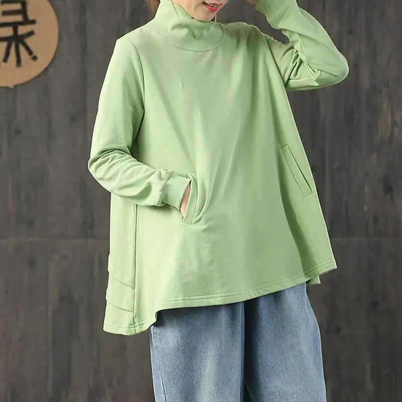 Plus Size - Buykud  Hand-Made Turtleneck Pure Color Cotton Blouse