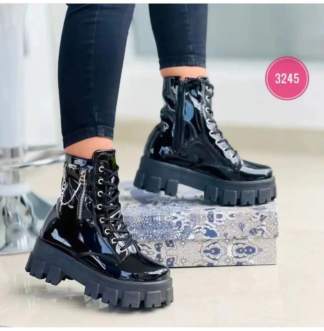 Punk Gothic Combat Boots: Patent Leather, Zipper, Lace-Up, and Warm