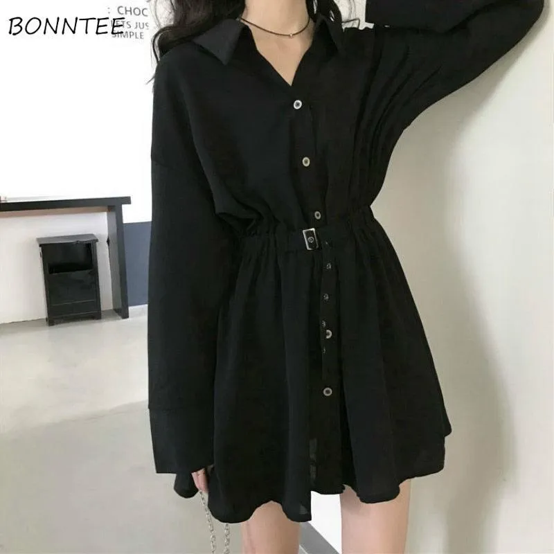 Pure Turn-down Collar Button Long Sleeve Collect Waist Elegant Dress