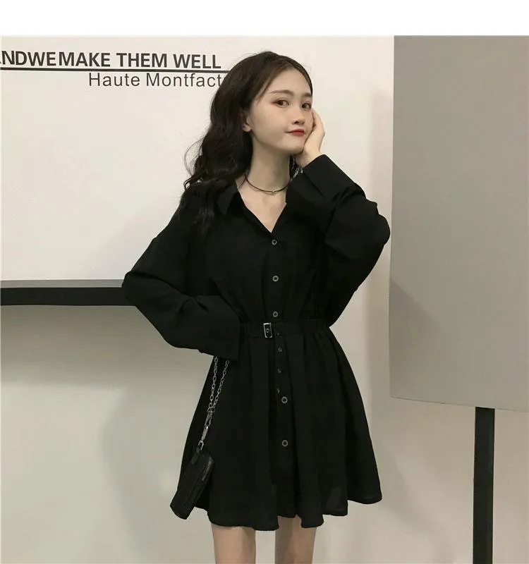 Pure Turn-down Collar Button Long Sleeve Collect Waist Elegant Dress