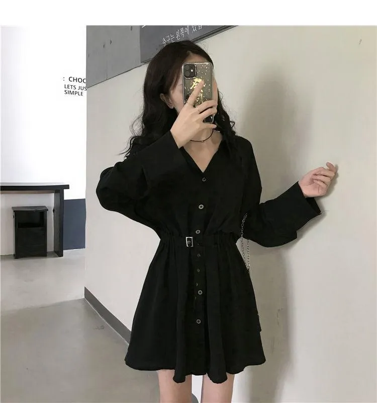 Pure Turn-down Collar Button Long Sleeve Collect Waist Elegant Dress