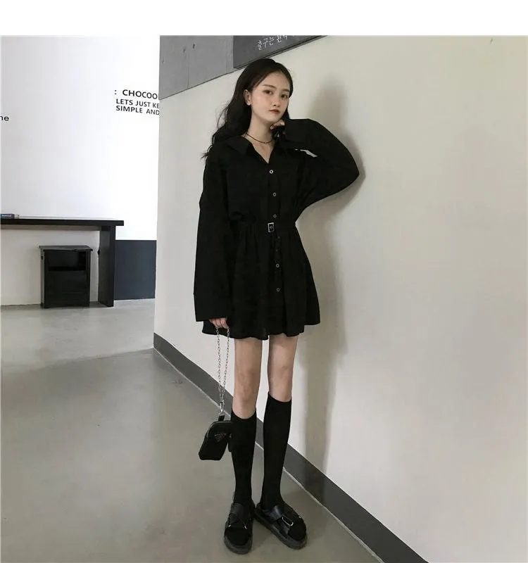 Pure Turn-down Collar Button Long Sleeve Collect Waist Elegant Dress