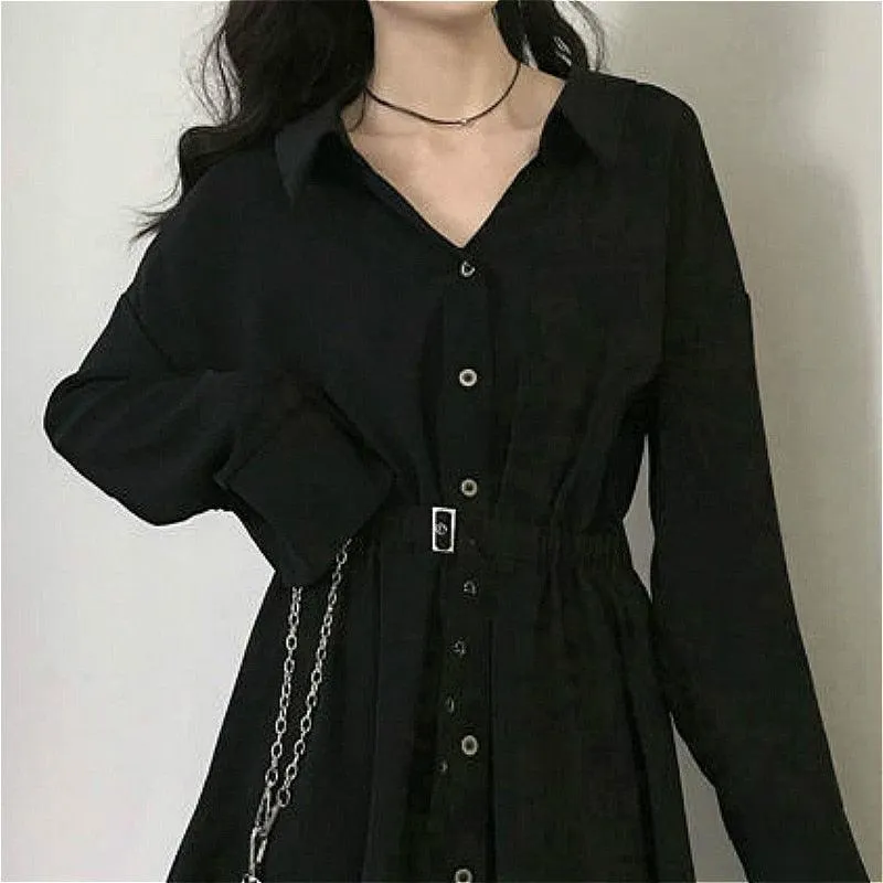 Pure Turn-down Collar Button Long Sleeve Collect Waist Elegant Dress