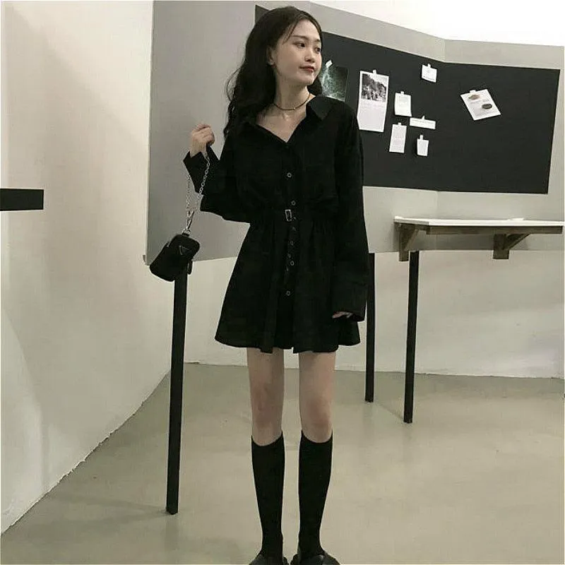 Pure Turn-down Collar Button Long Sleeve Collect Waist Elegant Dress