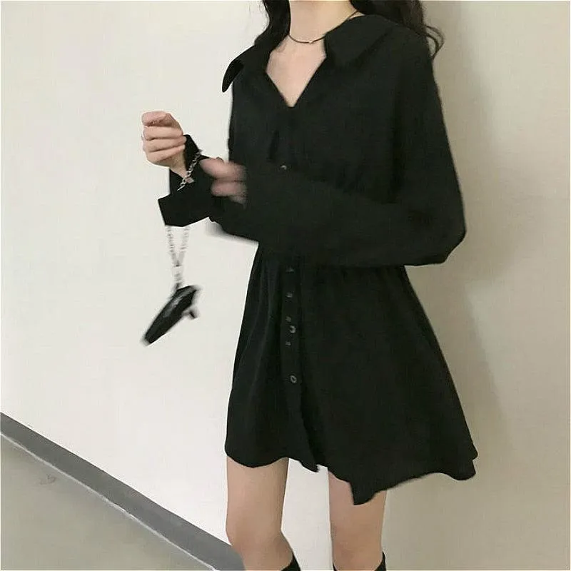 Pure Turn-down Collar Button Long Sleeve Collect Waist Elegant Dress