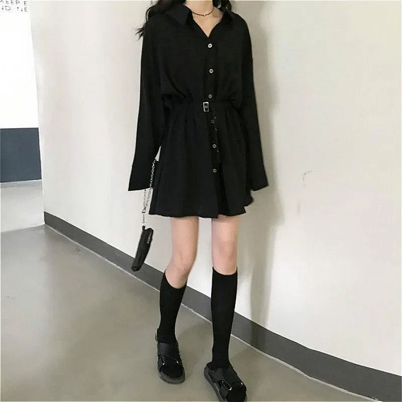 Pure Turn-down Collar Button Long Sleeve Collect Waist Elegant Dress