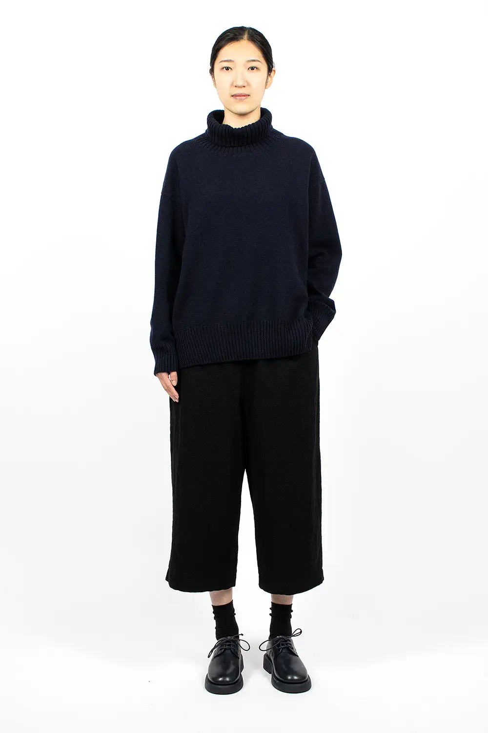 Side Slit Pullover Turtleneck Navy