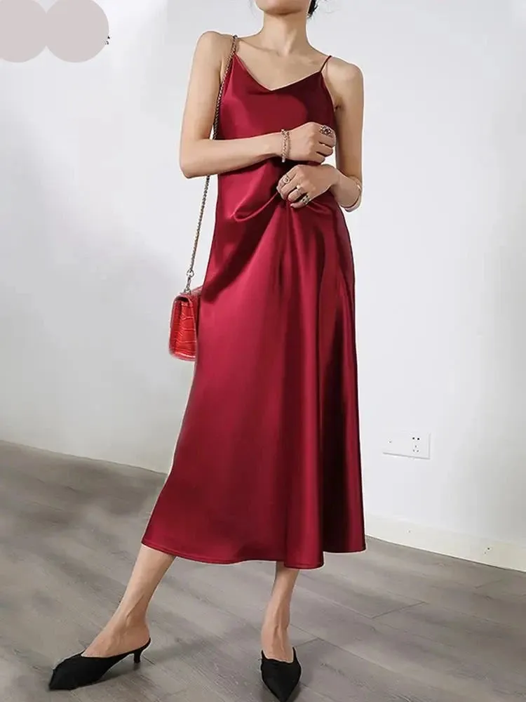 Spaghetti Strap Party Dress Female Slip Solid Elegant Y2K Clothes