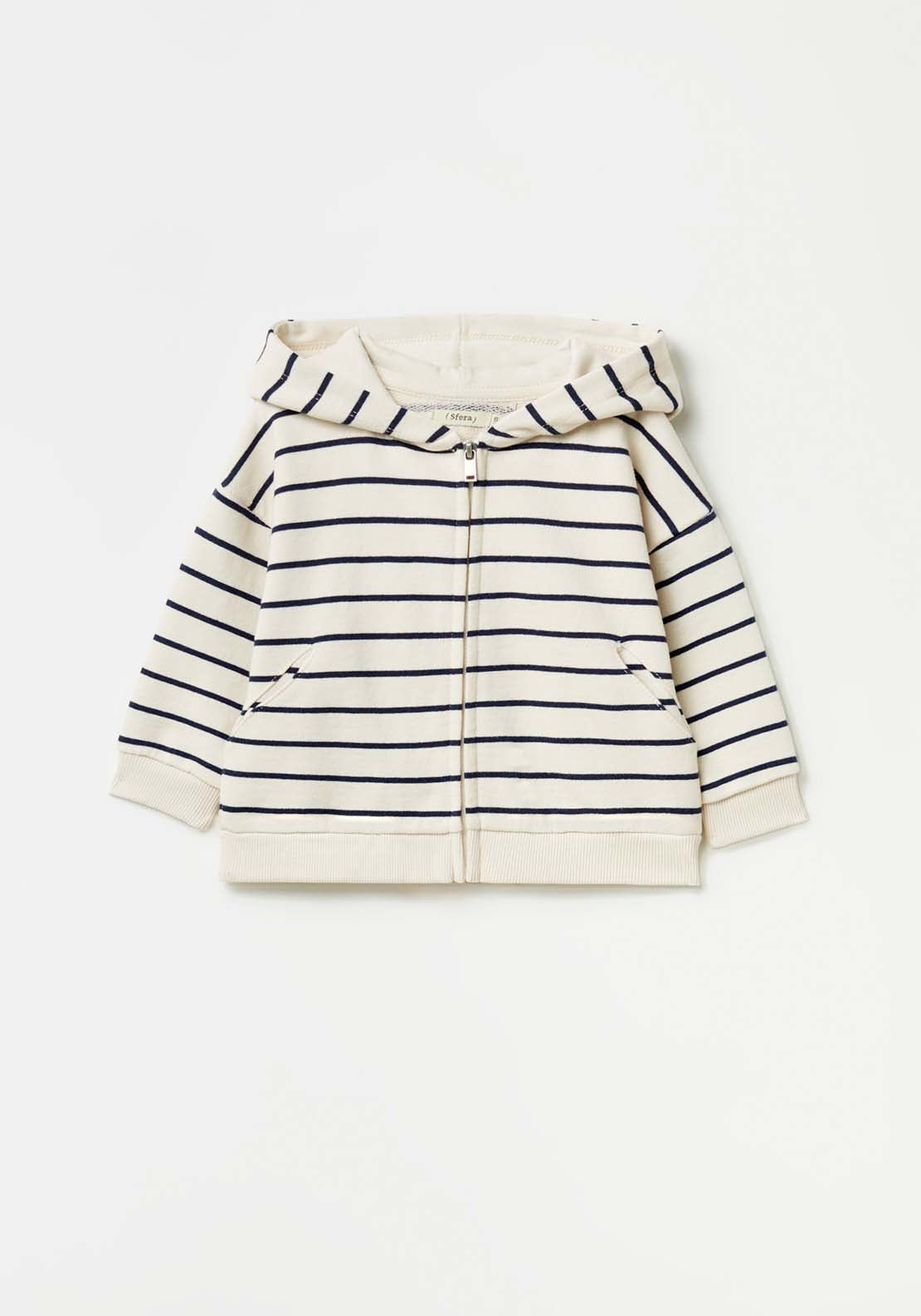 Striped Hoodie With Zip - Cream