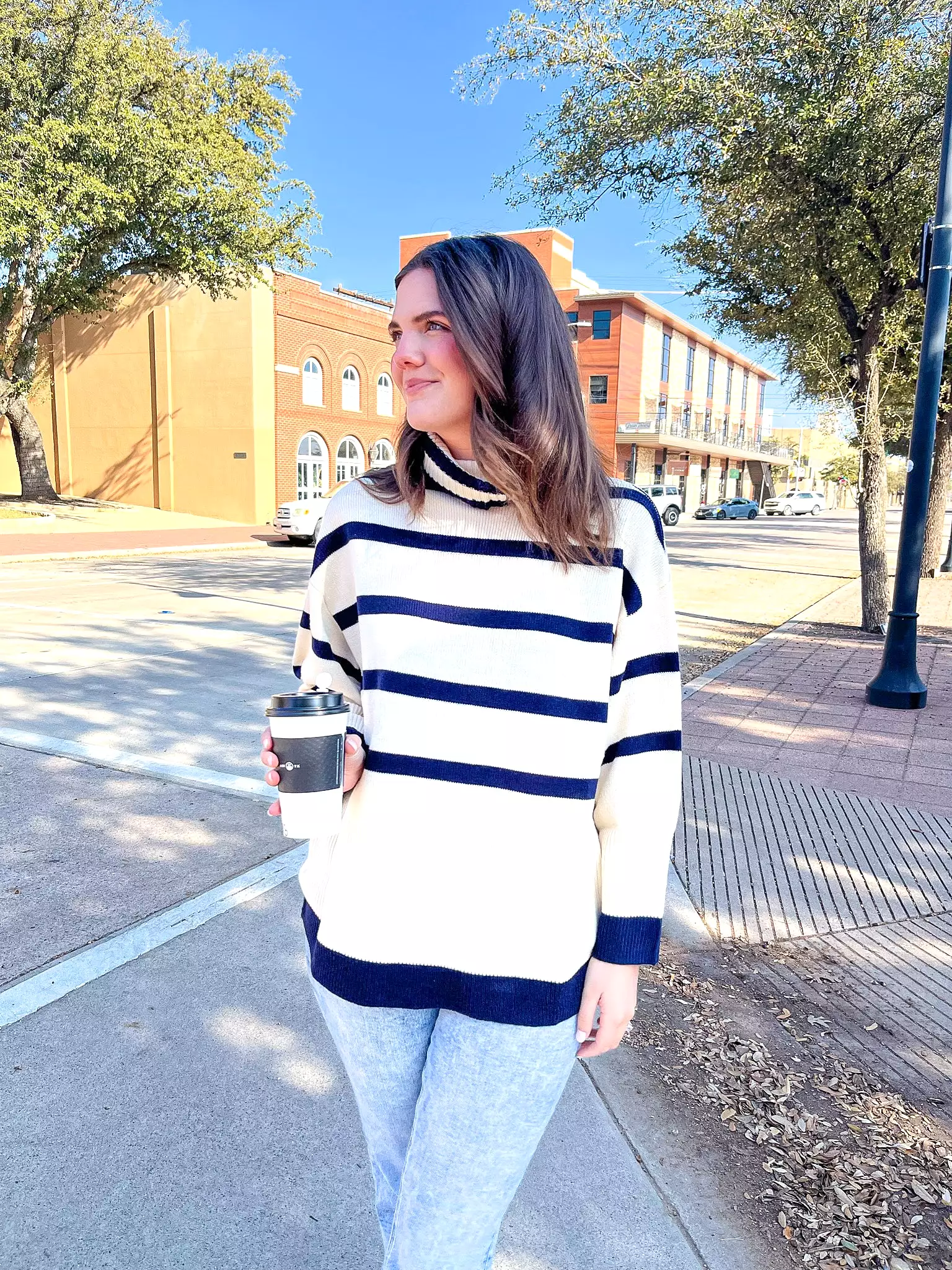 Striped Turtleneck Sweater- Cream/ Navy