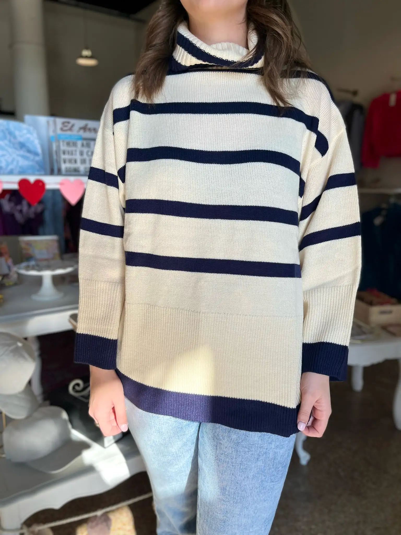 Striped Turtleneck Sweater- Cream/ Navy