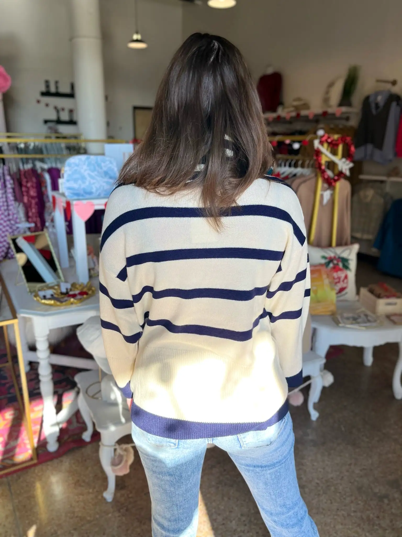 Striped Turtleneck Sweater- Cream/ Navy