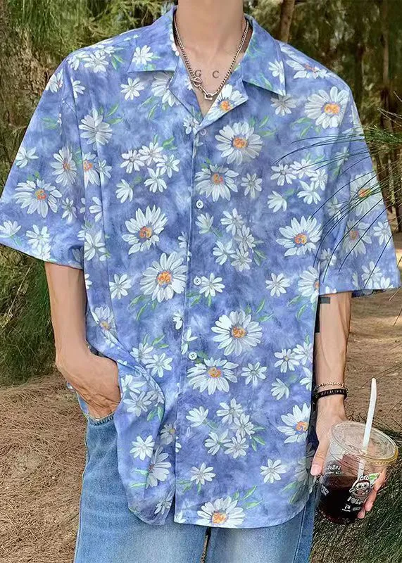 Stylish Blue Dotted Daisy Print Men Hawaiian Shirts Summer