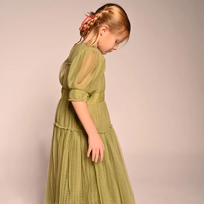 Tia Cibani Child Cornucopia Tiered Tulle Maxi Dress Sage Green