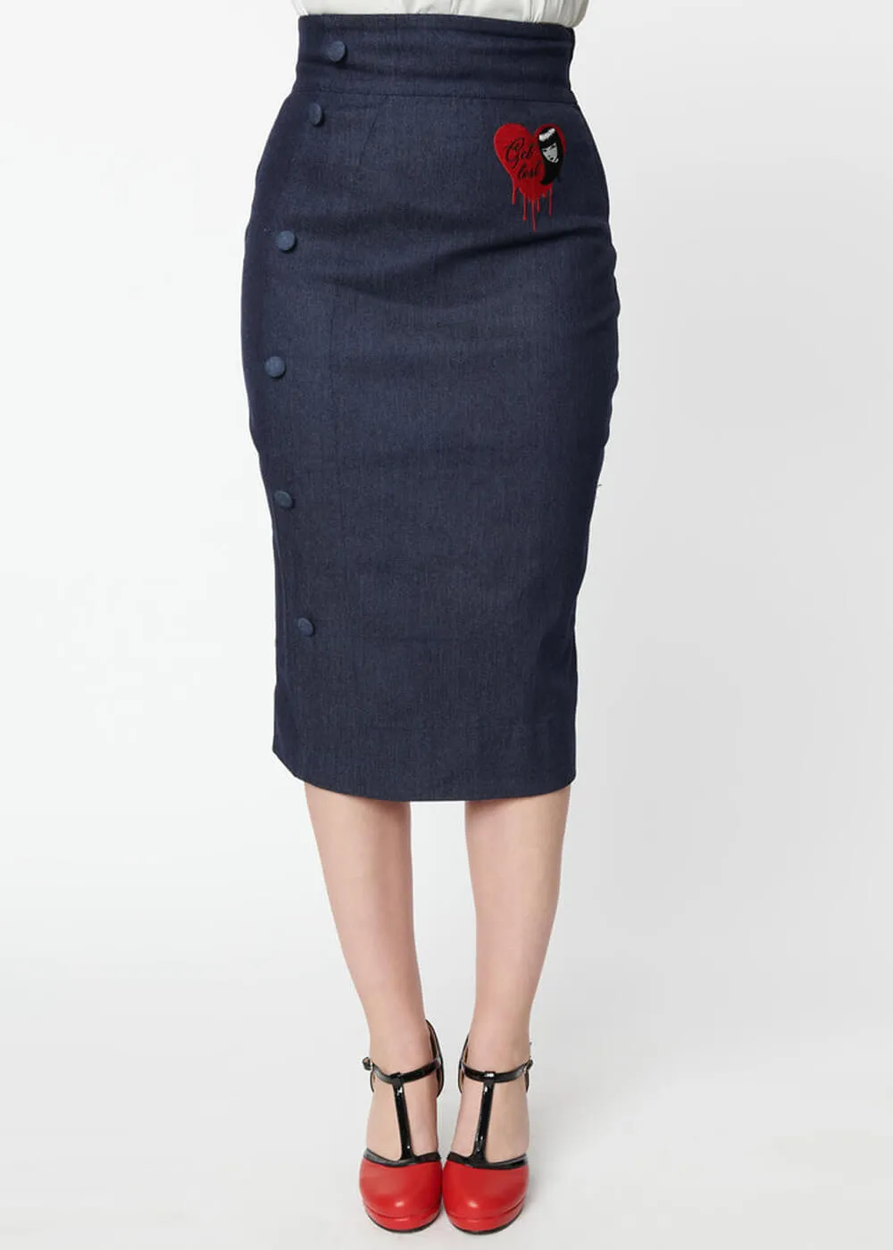 Unique Vintage x Emily The Strange Get Lost 50's Wiggle Pencil Skirt Blue