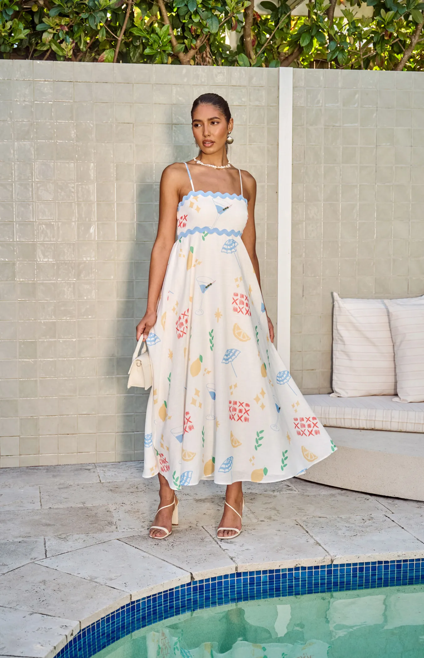 Wave Trim Icon Print Faux Linen Maxi Dress (WDR728B)