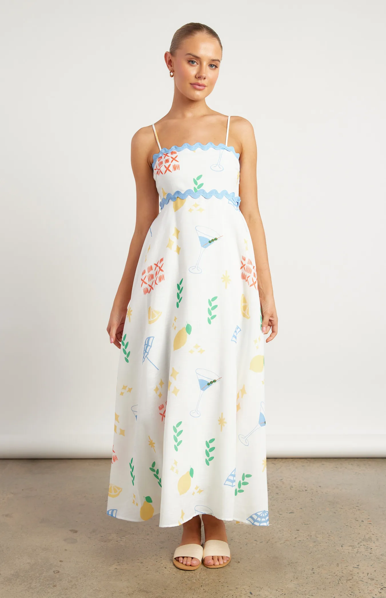 Wave Trim Icon Print Faux Linen Maxi Dress (WDR728B)