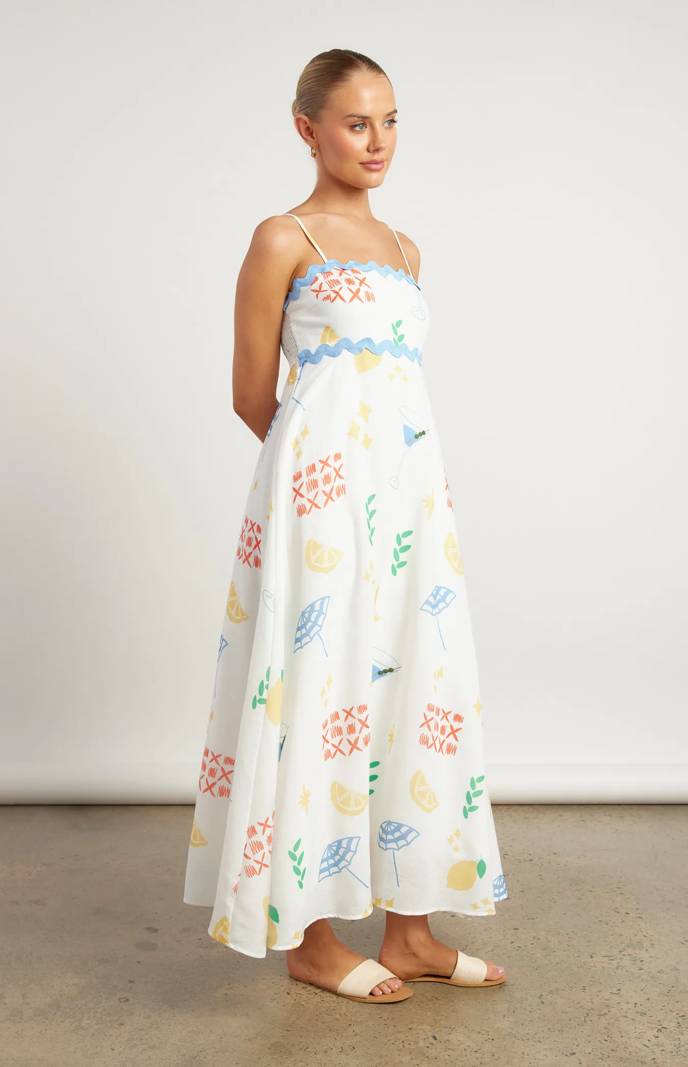 Wave Trim Icon Print Faux Linen Maxi Dress (WDR728B)