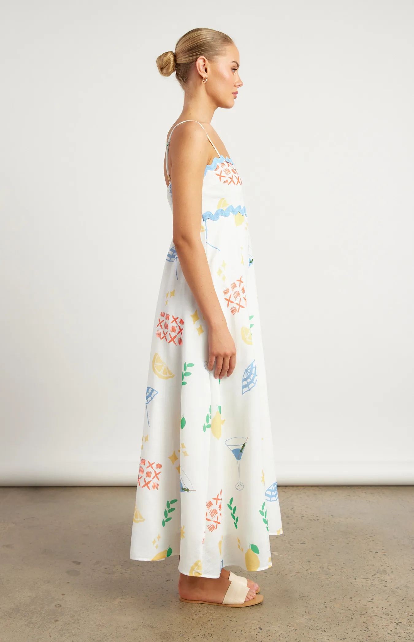 Wave Trim Icon Print Faux Linen Maxi Dress (WDR728B)