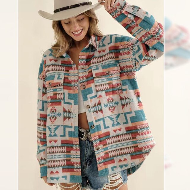 Western Vintage Women Aztec Printed Jacket Long Sleeved Splicing Loose Wool Coat