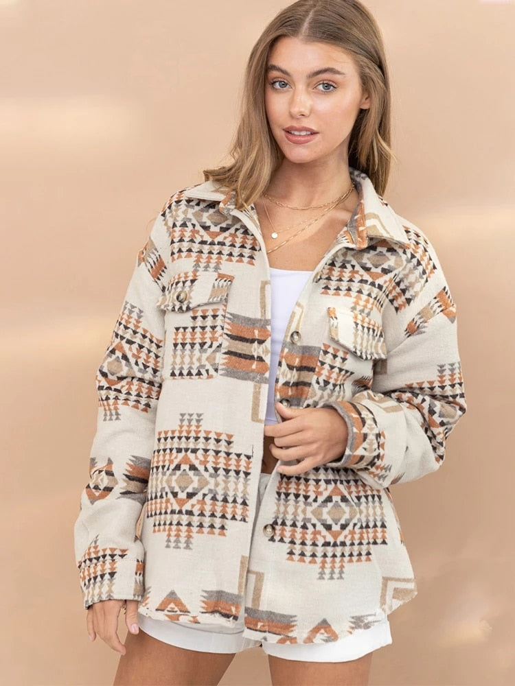 Western Vintage Women Aztec Printed Jacket Long Sleeved Splicing Loose Wool Coat