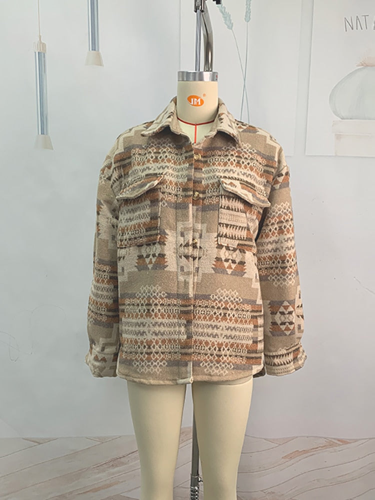 Western Vintage Women Aztec Printed Jacket Long Sleeved Splicing Loose Wool Coat