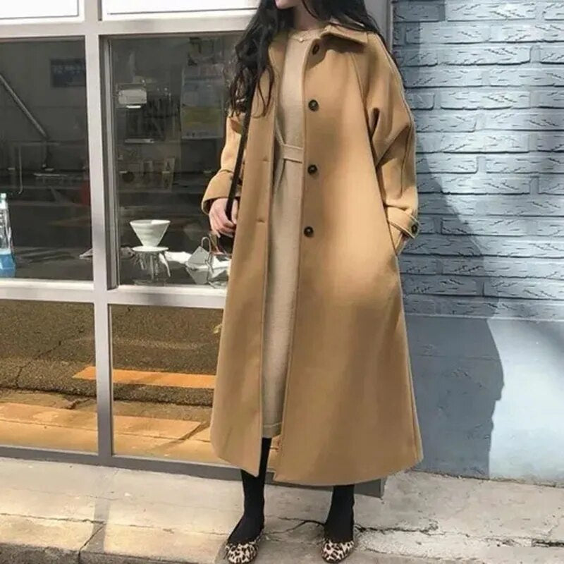 Women Faux Woolen Coats Fashion Elegant Solid Belt Thickening Long Jacket