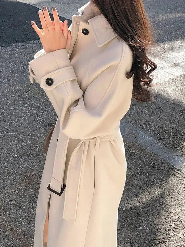 Women Faux Woolen Coats Fashion Elegant Solid Belt Thickening Long Jacket