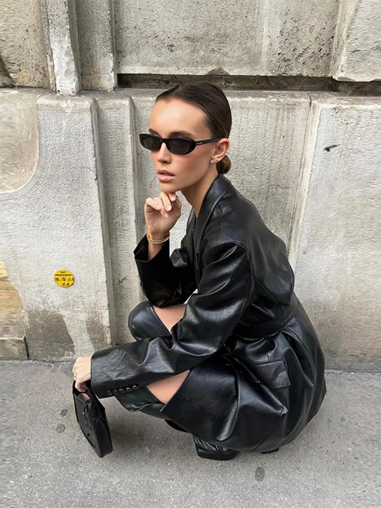 Women Leather Coat Windbreaker With Belt Chic Long Sleeve Slim Thin Mid Length Jacket