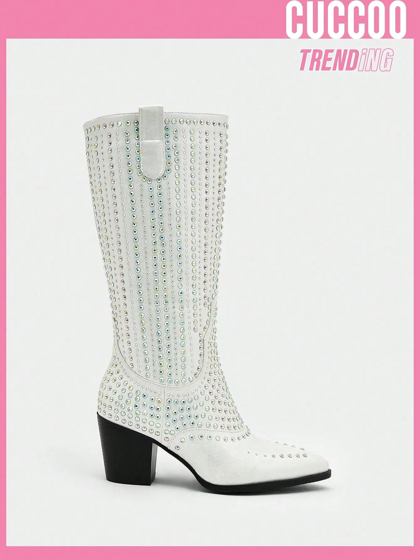 Women Rhinestone Decor Point Toe Chunky Heeled Fashion Boots, Glamorous Silver Western Boots