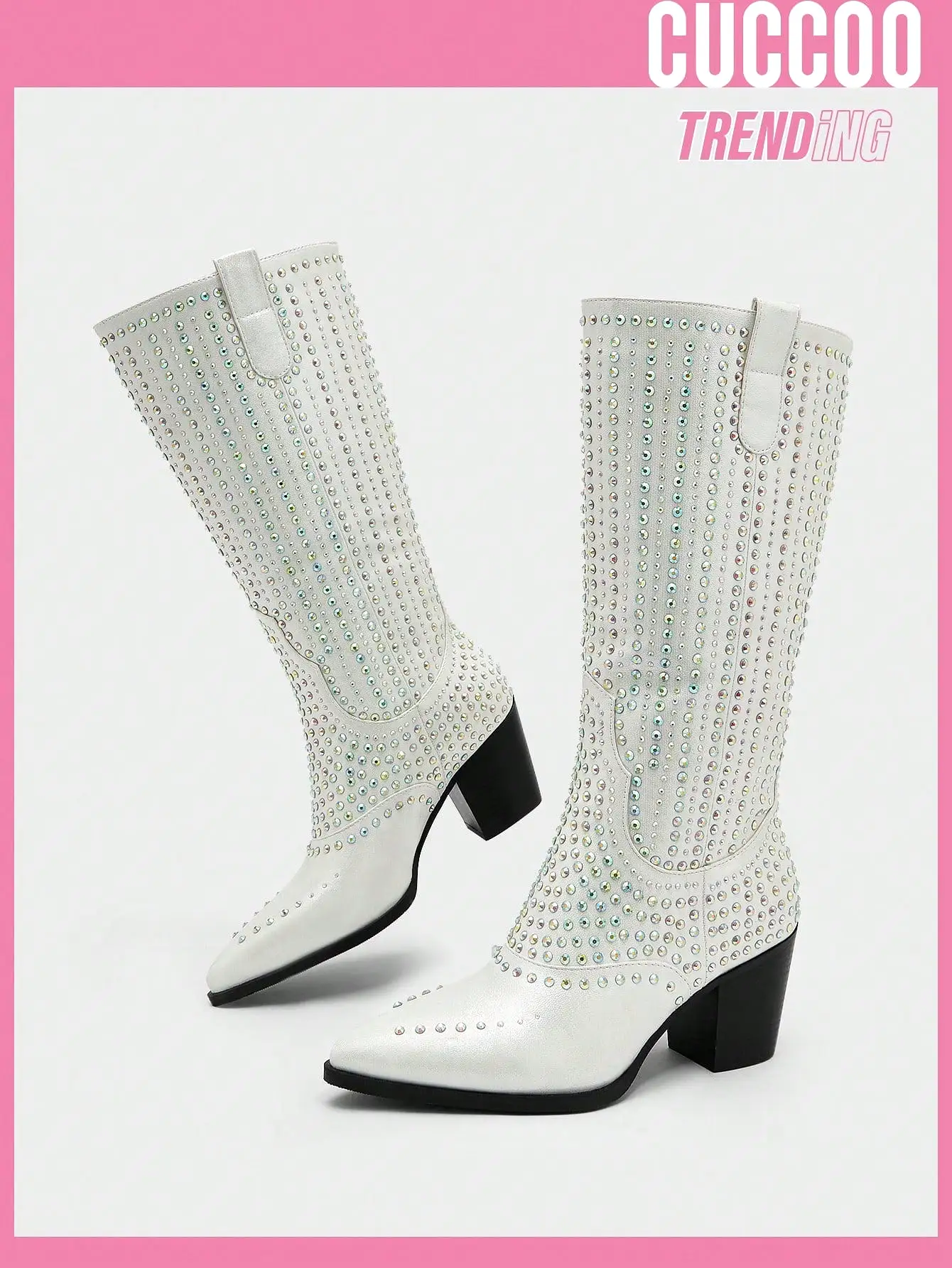 Women Rhinestone Decor Point Toe Chunky Heeled Fashion Boots, Glamorous Silver Western Boots